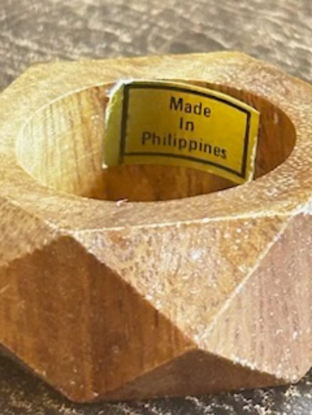 Set of 4 Vintage MCM Geometric Design Faceted Wooden Napkin Rings